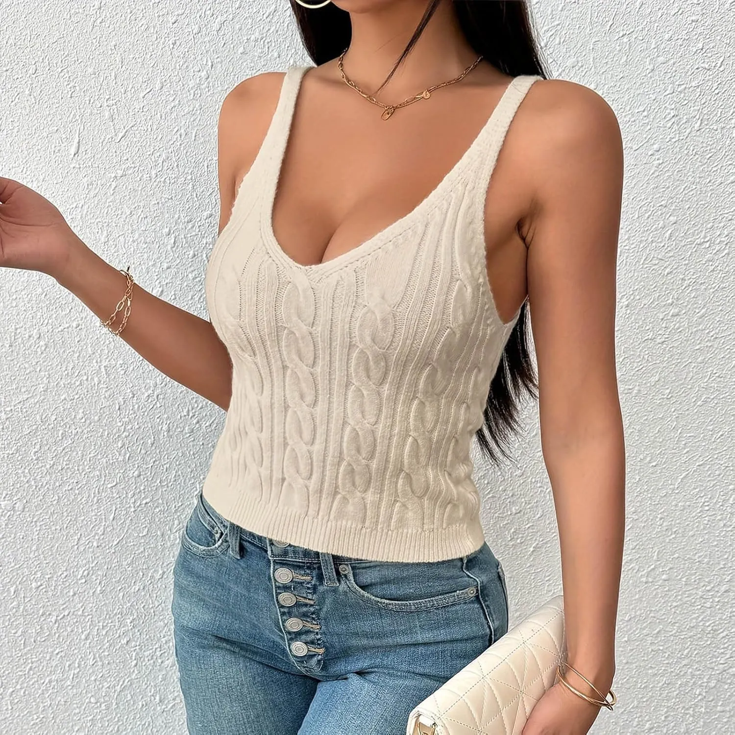 Lmdudan 2025 Women's Knit Camisole Sweater Vest Trendy Solid Color Tank Tops V-Neck Sleeveless Undershirts Basic Shirts Vest