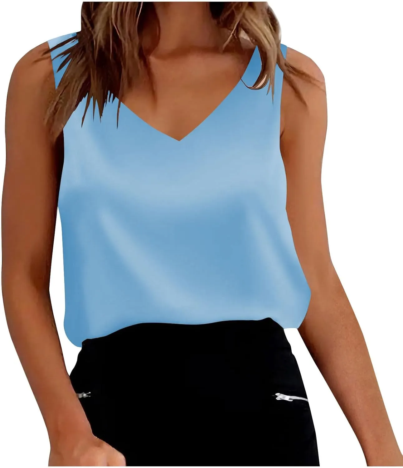 Lmdudan Silk Satin Tank Tops for Women V Neck Casual Cami Sleeveless Camisole Blouses Summer Solid Color Basic Tank Shirt