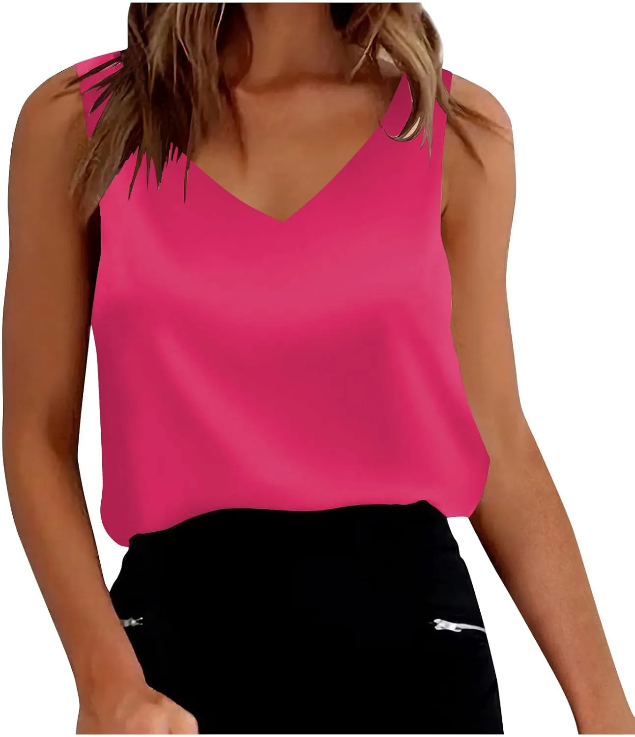 Lmdudan Silk Satin Tank Tops for Women V Neck Casual Cami Sleeveless Camisole Blouses Summer Solid Color Basic Tank Shirt