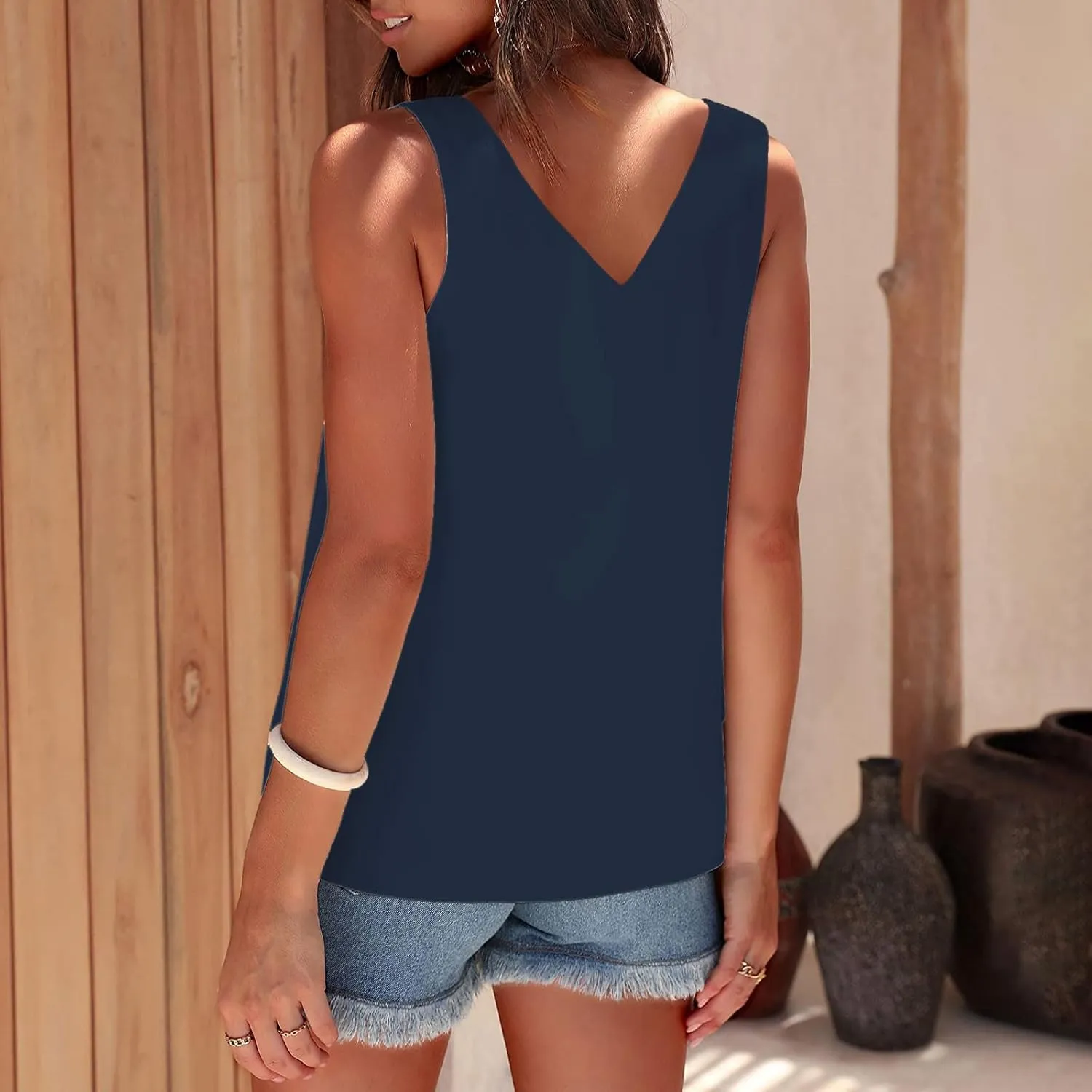 Lmdudan Silk Satin Tank Tops for Women V Neck Casual Cami Sleeveless Camisole Blouses Summer Solid Color Basic Tank Shirt