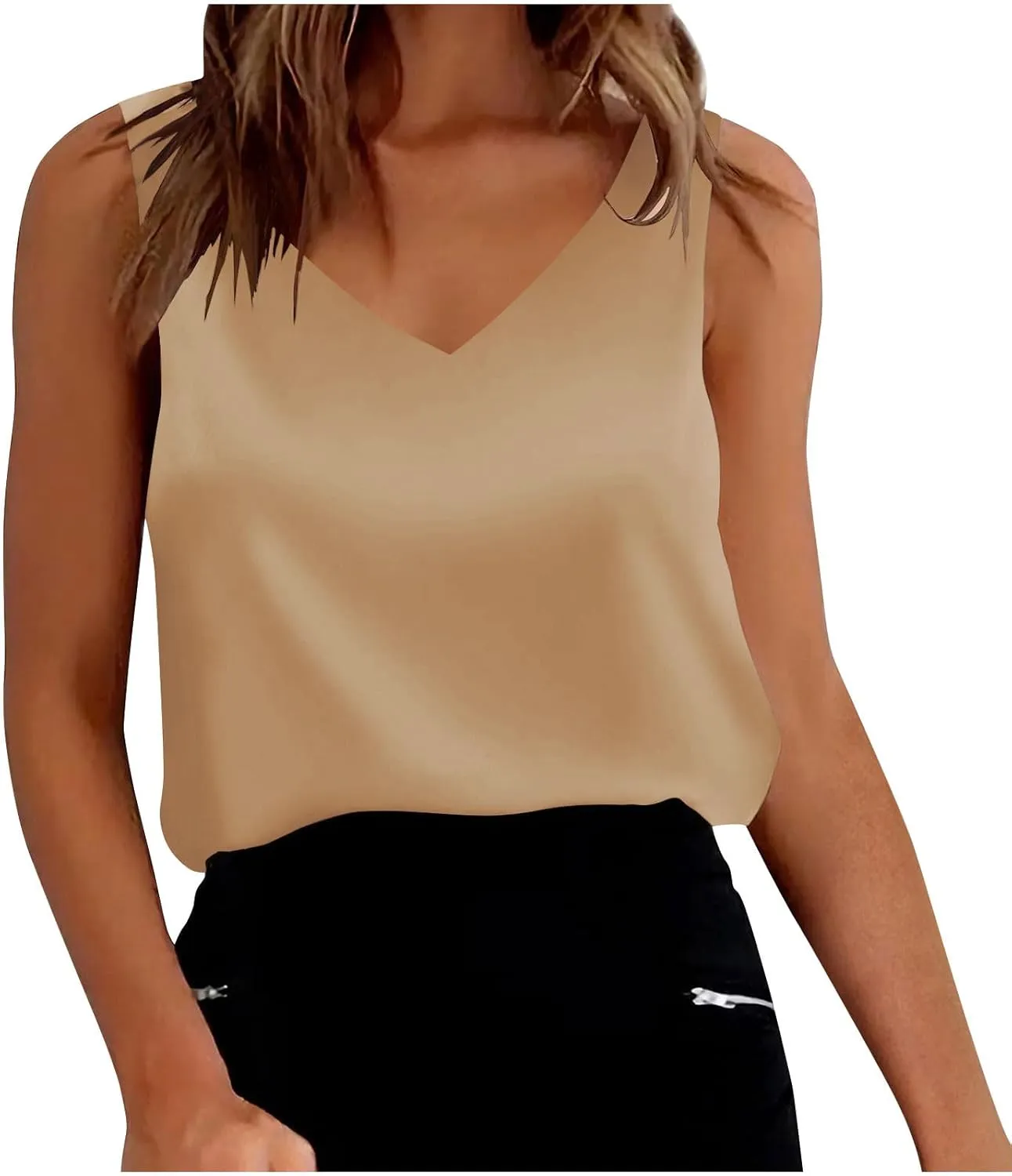 Lmdudan Silk Satin Tank Tops for Women V Neck Casual Cami Sleeveless Camisole Blouses Summer Solid Color Basic Tank Shirt