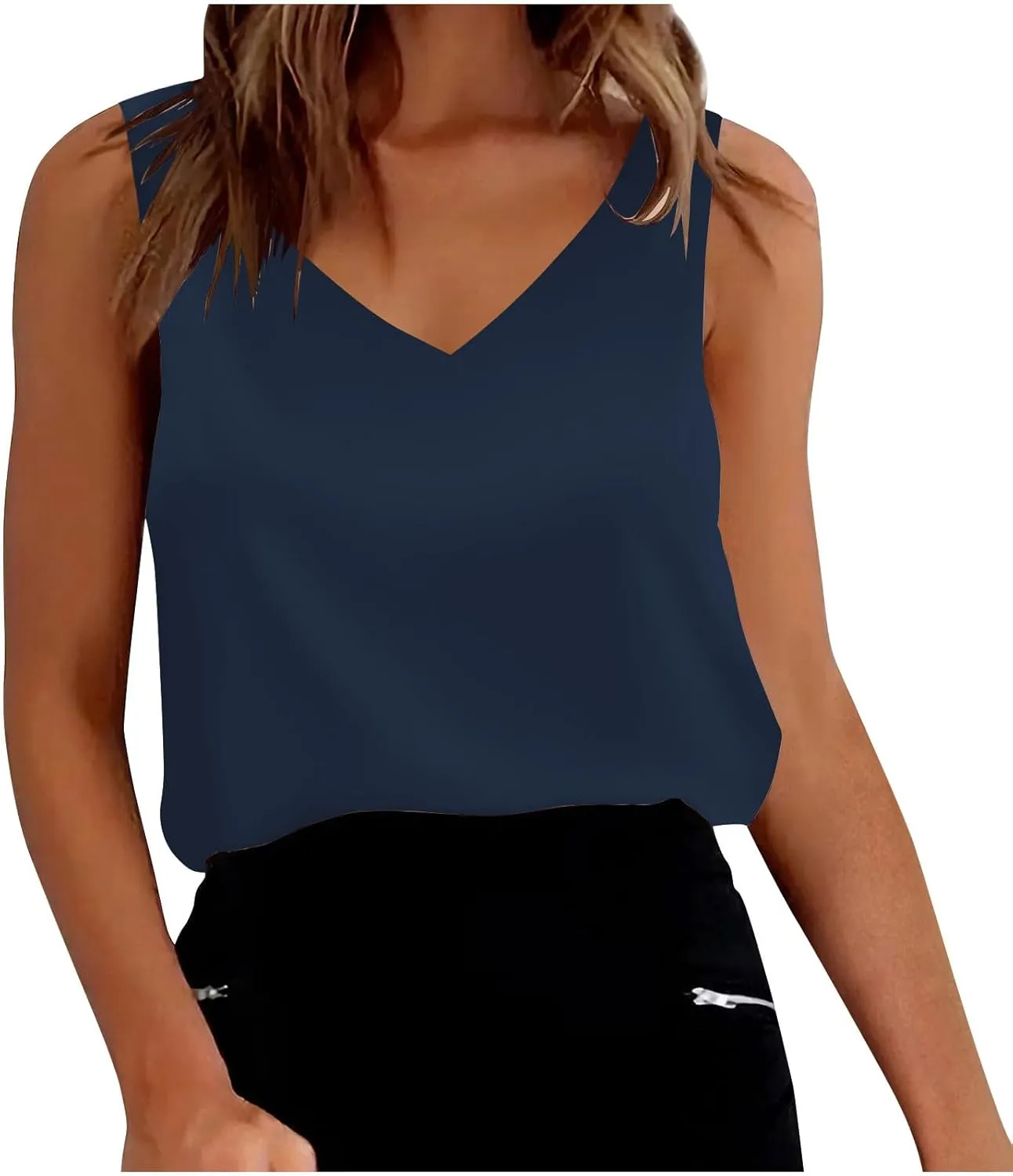 Lmdudan Silk Satin Tank Tops for Women V Neck Casual Cami Sleeveless Camisole Blouses Summer Solid Color Basic Tank Shirt