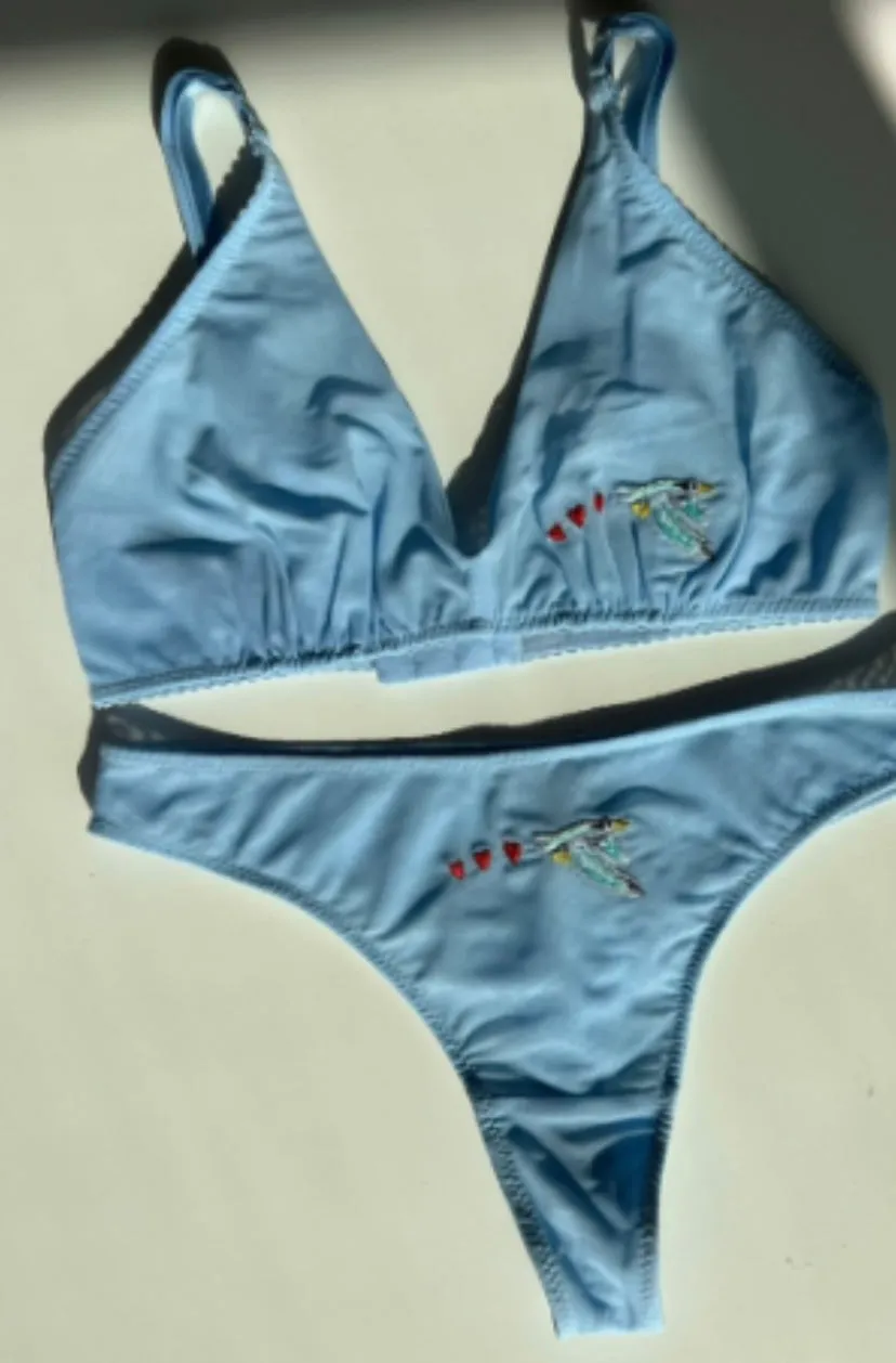 LOVE AND SWANS~ Mesh thong w bird/heart embroidery