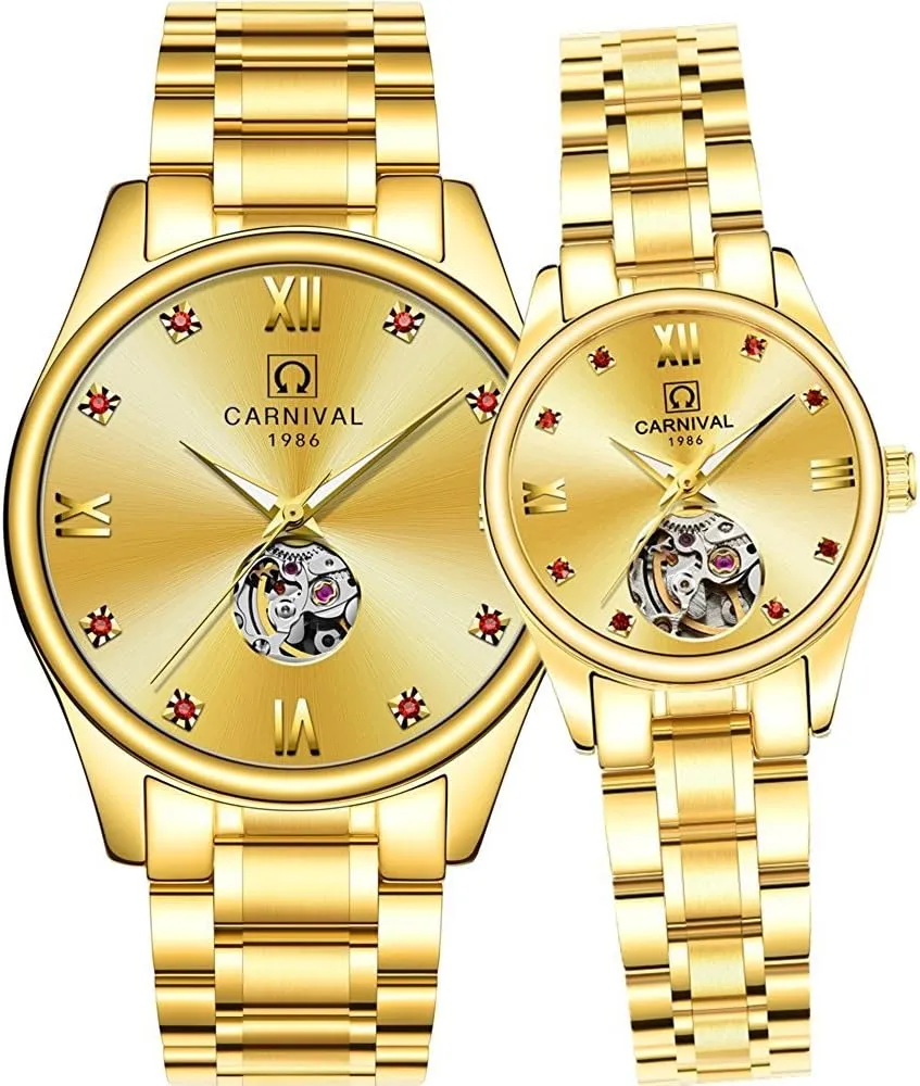Luxury Lovers Automatic Mechanical Hollow Luminous Waterproof Diamond Stainless Steel Couples Watch
