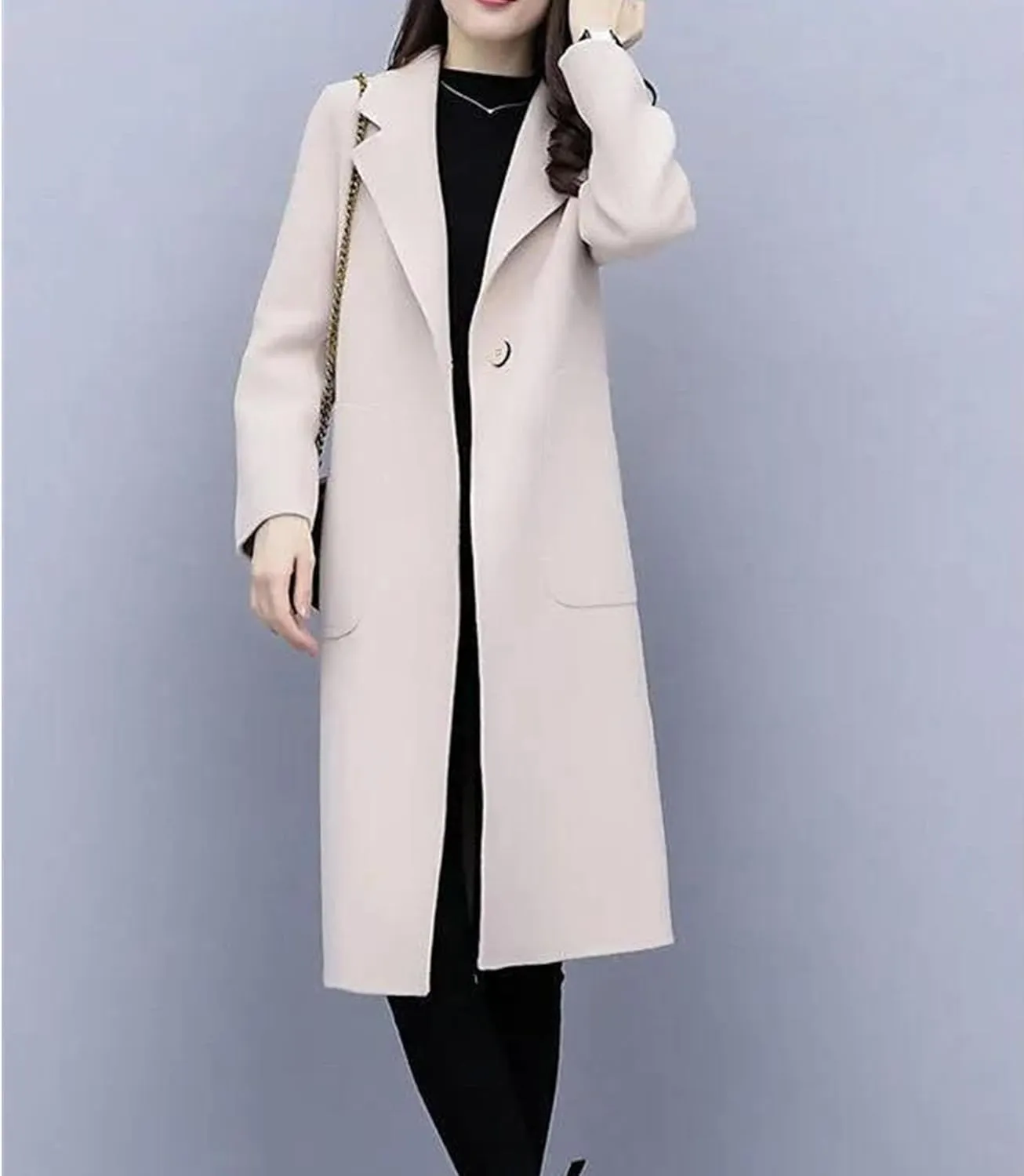 Maiyifu-GJ Women's Elegant Single Breasted Coat Mid Long Notched Lapel Wool Blend Trench Coat Winter Casual Overcoat