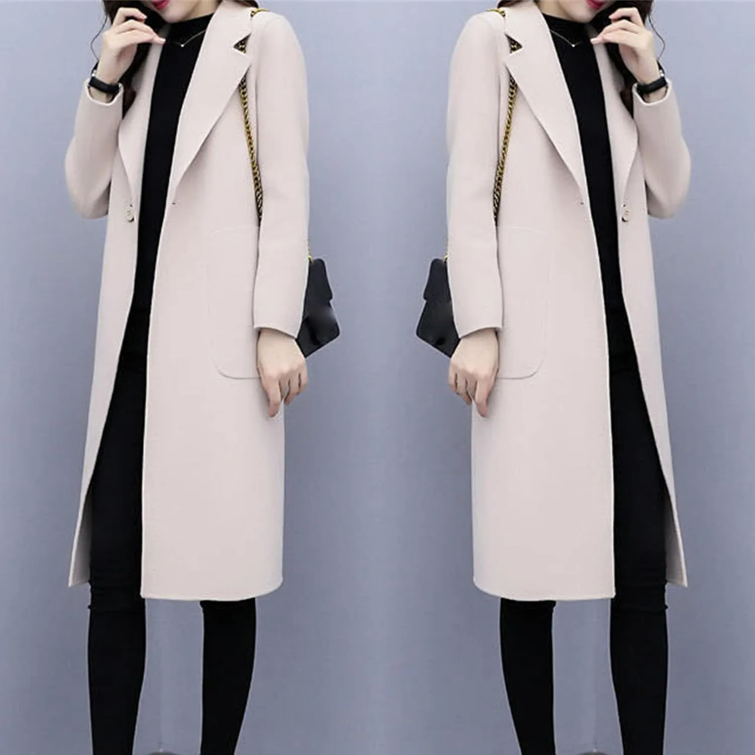 Maiyifu-GJ Women's Elegant Single Breasted Coat Mid Long Notched Lapel Wool Blend Trench Coat Winter Casual Overcoat