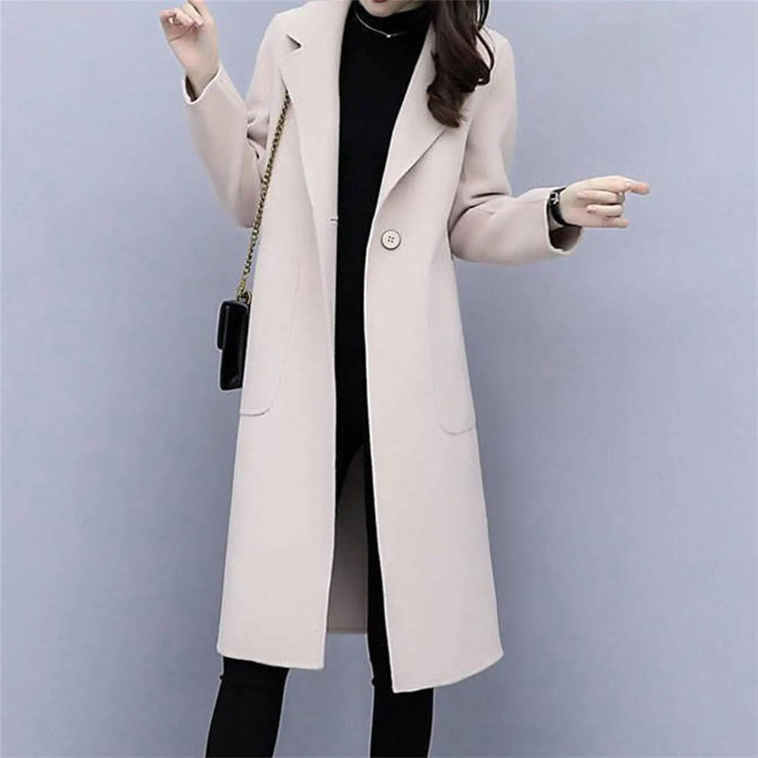 Maiyifu-GJ Women's Elegant Single Breasted Coat Mid Long Notched Lapel Wool Blend Trench Coat Winter Casual Overcoat