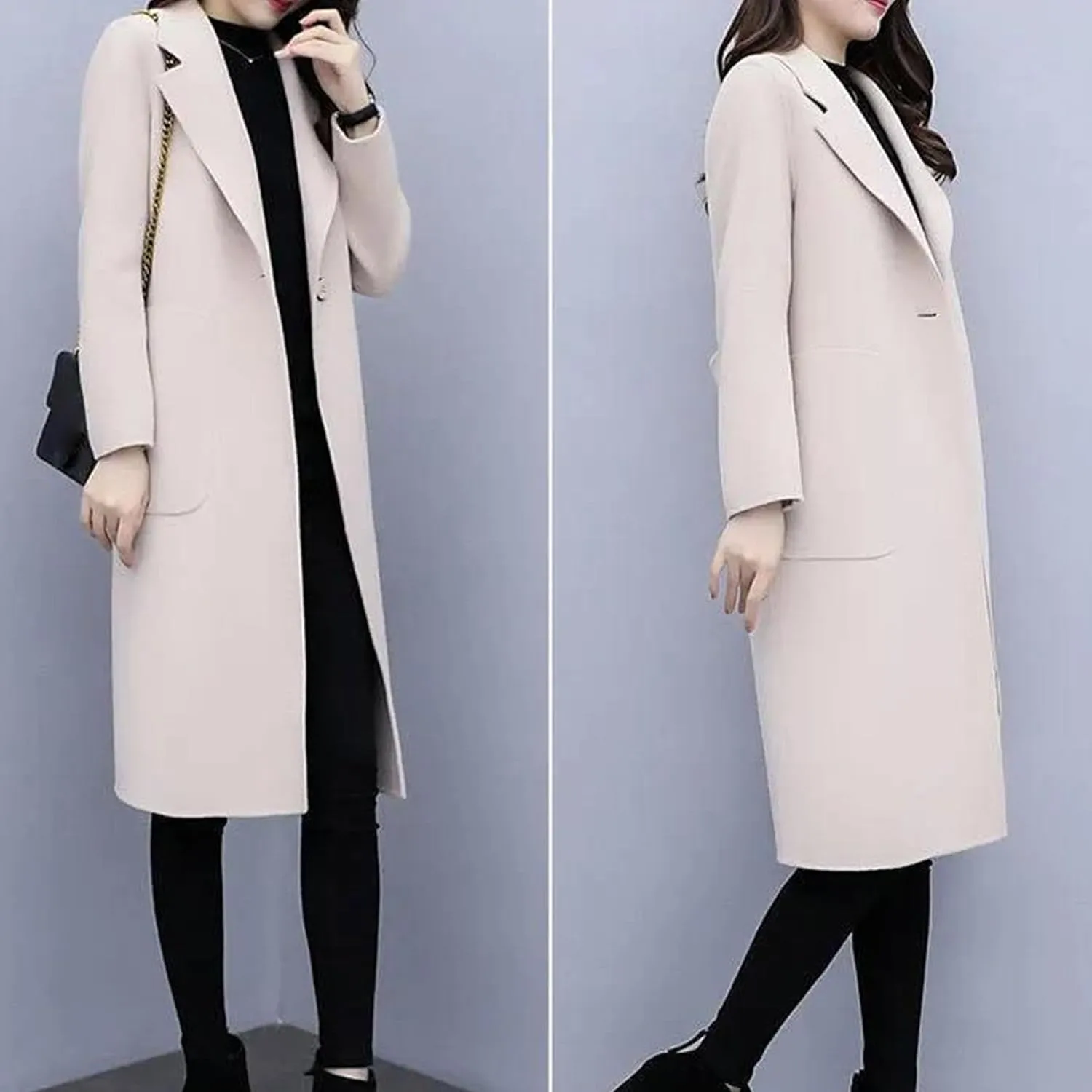 Maiyifu-GJ Women's Elegant Single Breasted Coat Mid Long Notched Lapel Wool Blend Trench Coat Winter Casual Overcoat