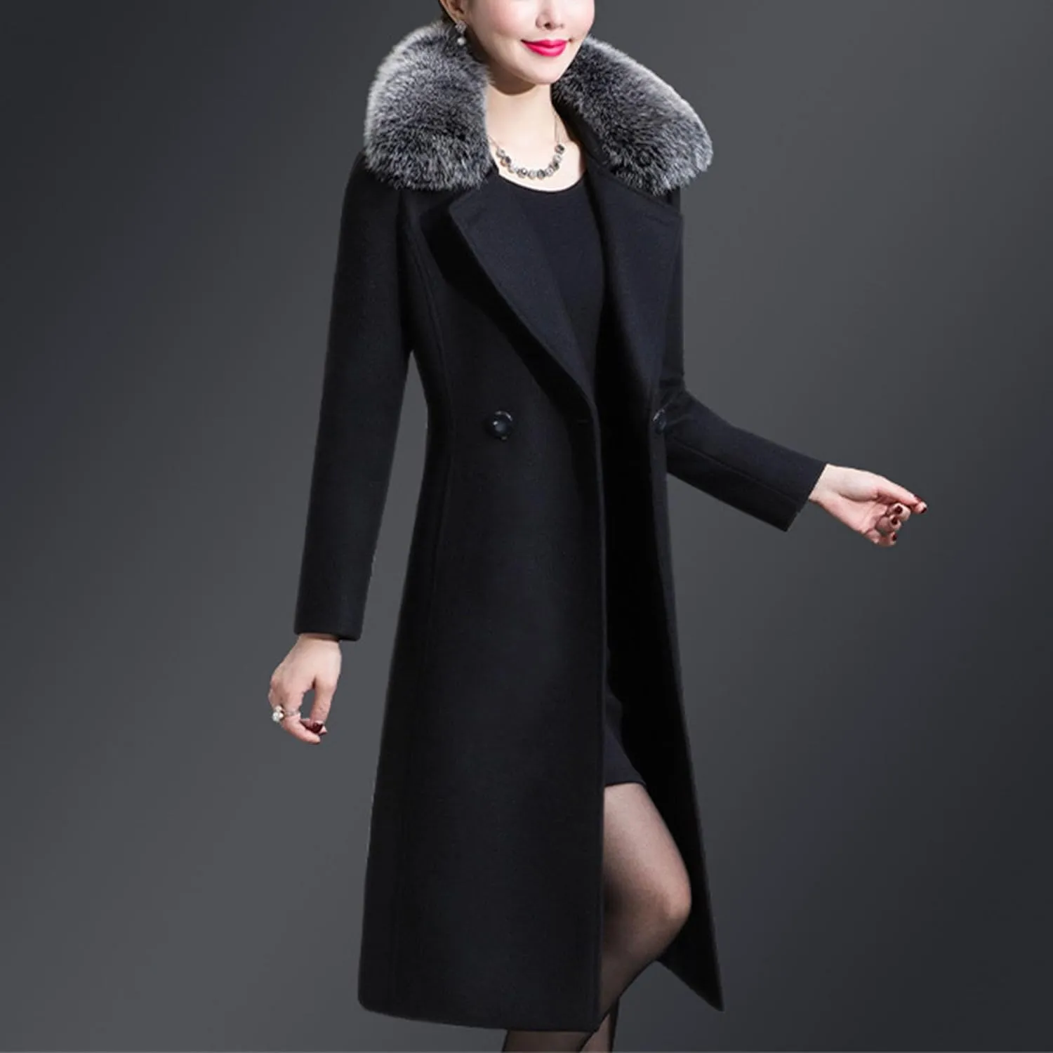Maiyifu-GJ Womens Faux Fur Collar Wool Blend Trench Coats Spring Fall Casual Mid Long Coat Lightweight Cardigan Jackets