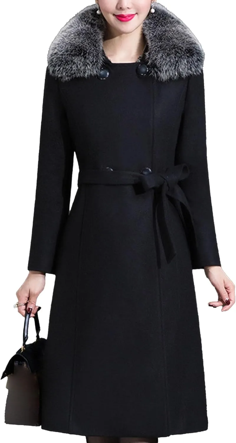 Maiyifu-GJ Womens Faux Fur Collar Wool Blend Trench Coats Spring Fall Casual Mid Long Coat Lightweight Cardigan Jackets