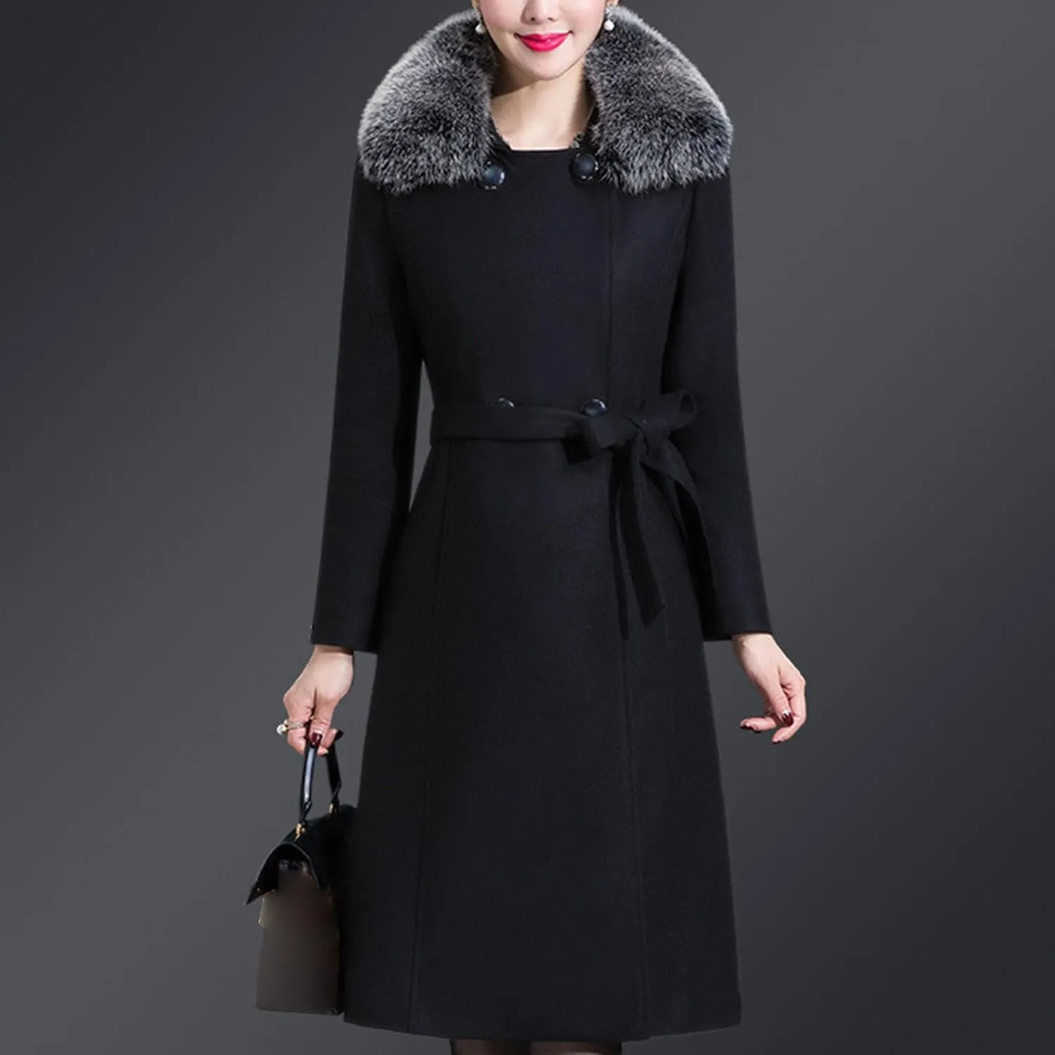 Maiyifu-GJ Womens Faux Fur Collar Wool Blend Trench Coats Spring Fall Casual Mid Long Coat Lightweight Cardigan Jackets