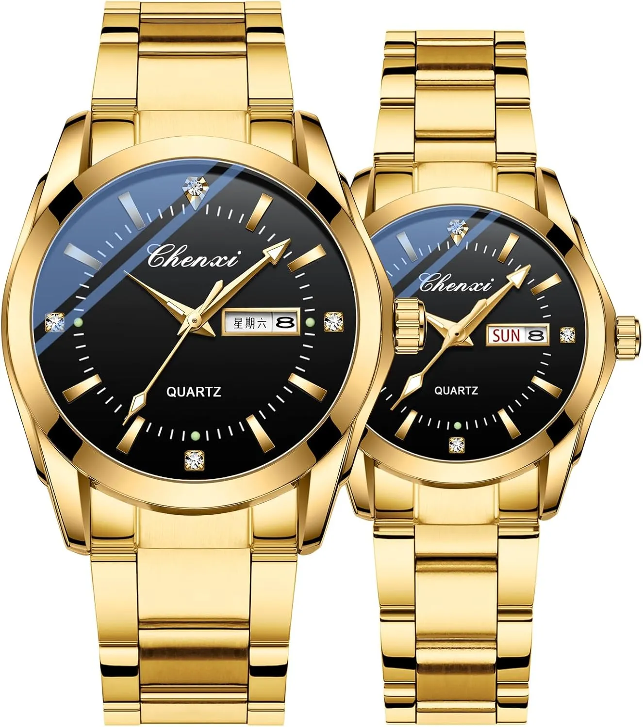 MASTOP Luxury Couple Watches His and Her Business Men Women Couple Set Pair Watch Matching Analog Quartz Diamond Stainless Steel Luminous Date Waterproof (Black)