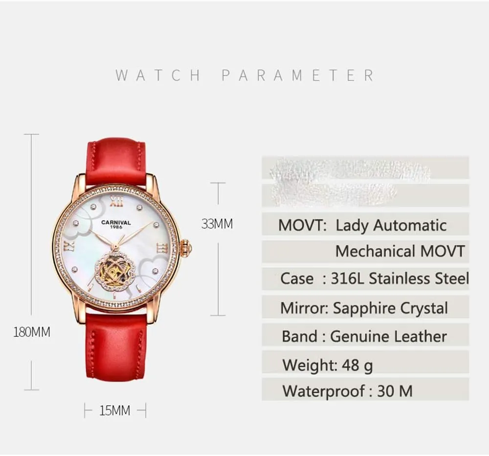 MASTOP Luxury Hollow Automatic Mechanical Luminous Waterproof Women's Leather Strap Diamond Watches