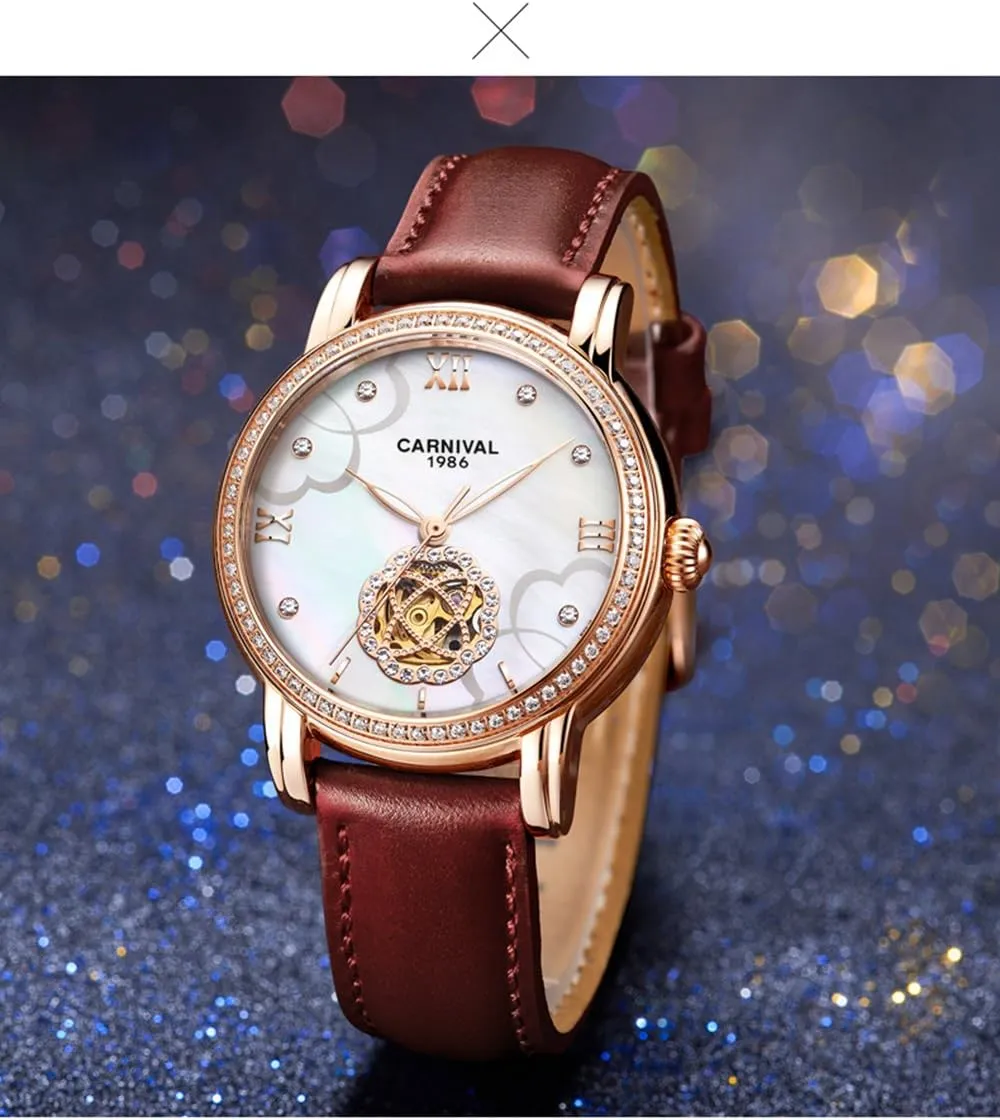 MASTOP Luxury Hollow Automatic Mechanical Luminous Waterproof Women's Leather Strap Diamond Watches