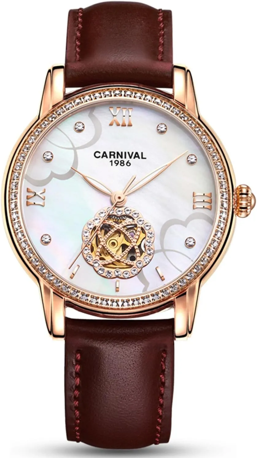 MASTOP Luxury Hollow Automatic Mechanical Luminous Waterproof Women's Leather Strap Diamond Watches