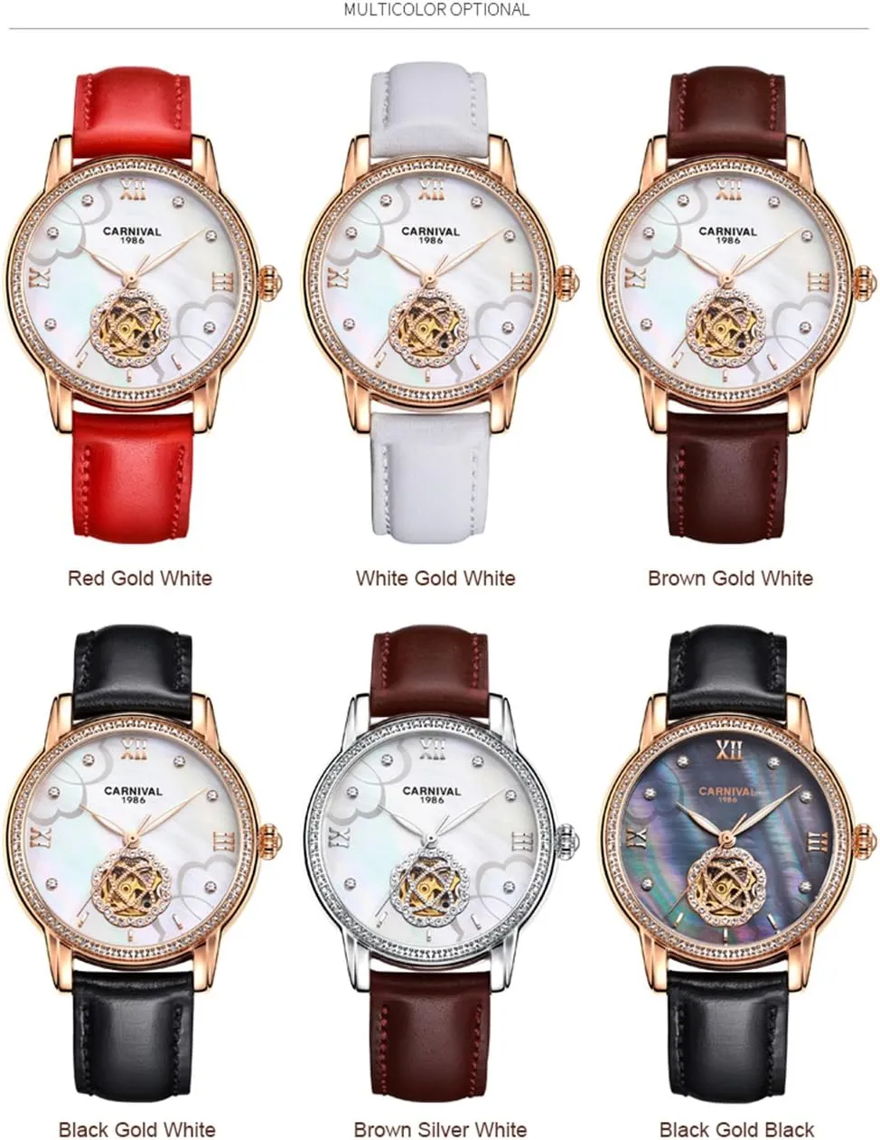 MASTOP Luxury Hollow Automatic Mechanical Luminous Waterproof Women's Leather Strap Diamond Watches
