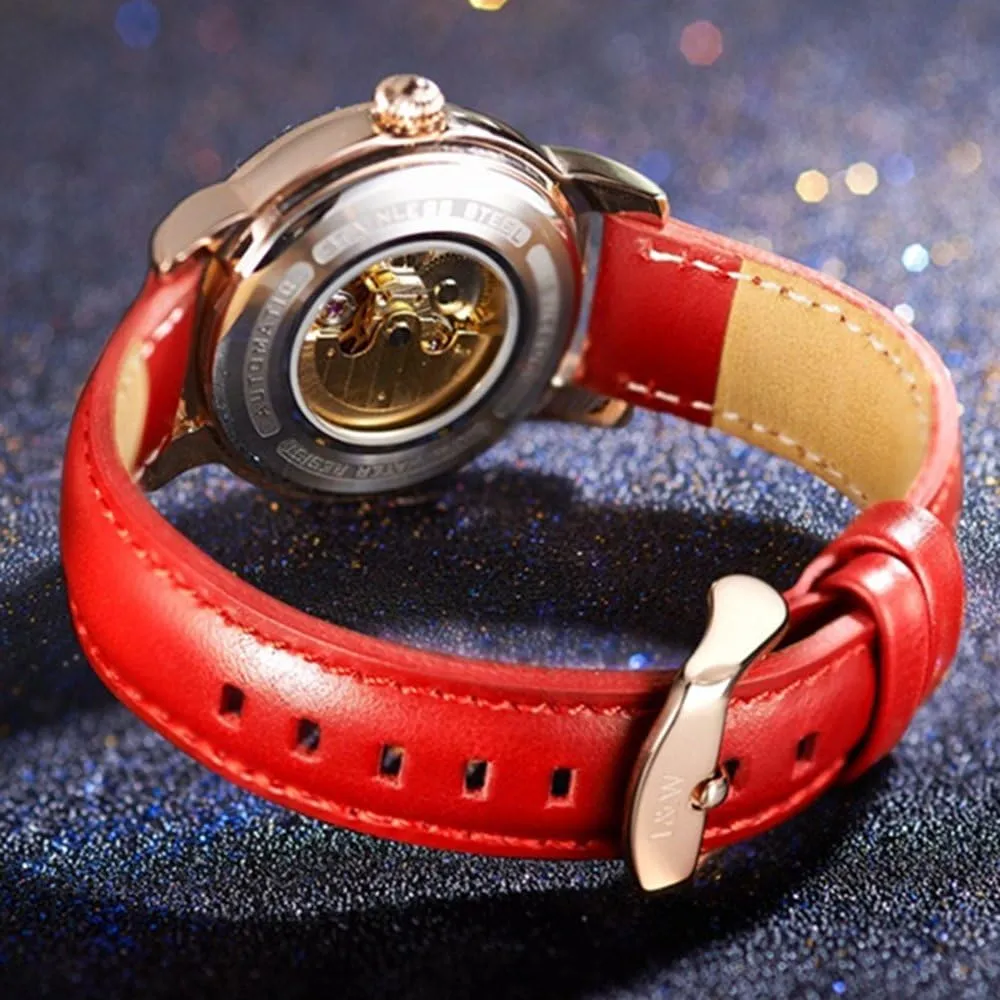 MASTOP Luxury Hollow Automatic Mechanical Luminous Waterproof Women's Leather Strap Diamond Watches