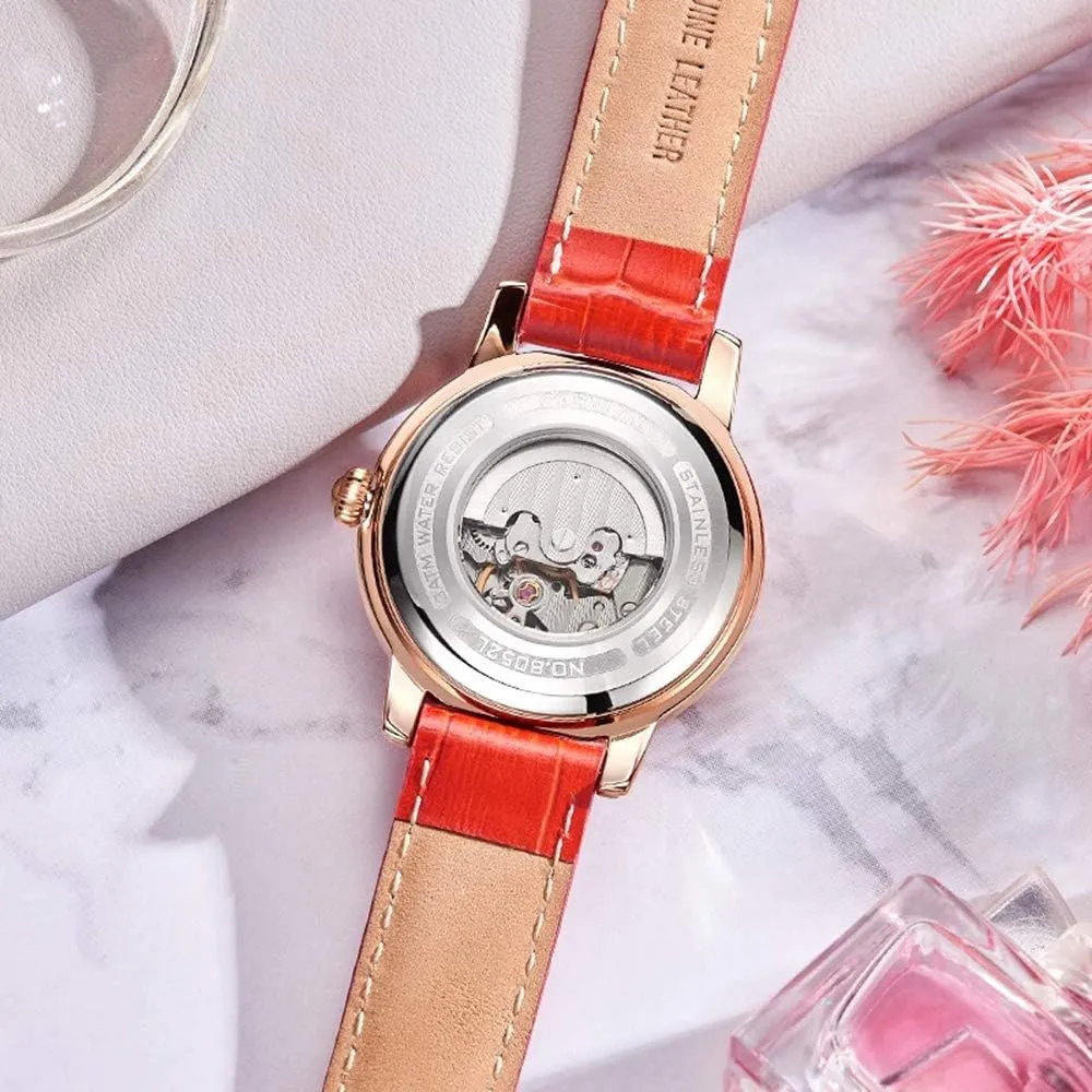 MASTOP Womens Luxury Automatic Watches Waterproof Ladies Hollow Mechanical Watches Rhinestones Roman Dial