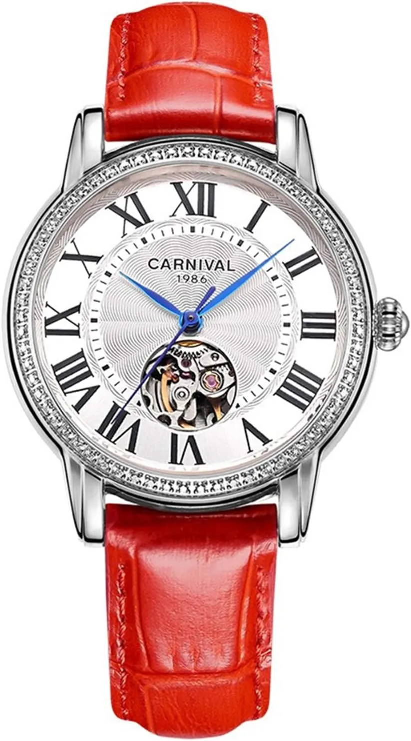 MASTOP Womens Luxury Automatic Watches Waterproof Ladies Hollow Mechanical Watches Rhinestones Roman Dial