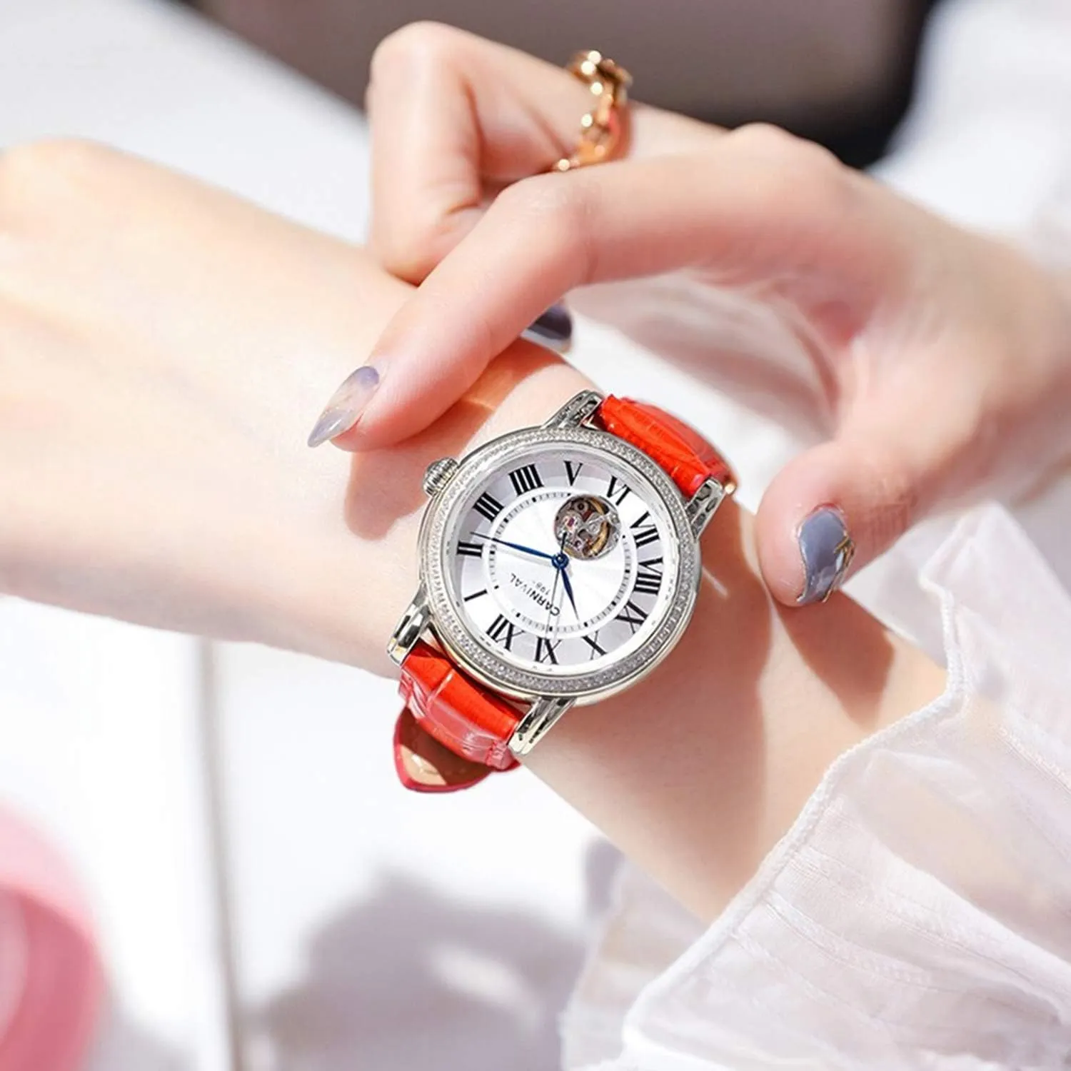 MASTOP Womens Luxury Automatic Watches Waterproof Ladies Hollow Mechanical Watches Rhinestones Roman Dial