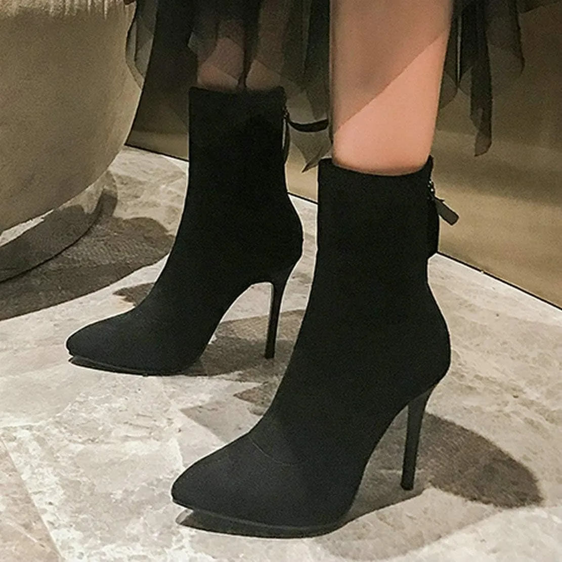MAVMAX Women's Suede Pointed Toe Booties Stilettos High Heels Ankle Boots