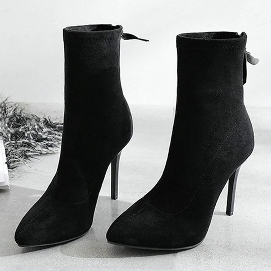 MAVMAX Women's Suede Pointed Toe Booties Stilettos High Heels Ankle Boots