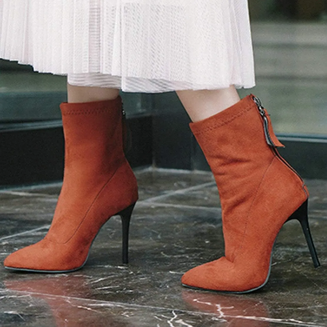MAVMAX Women's Suede Pointed Toe Booties Stilettos High Heels Ankle Boots