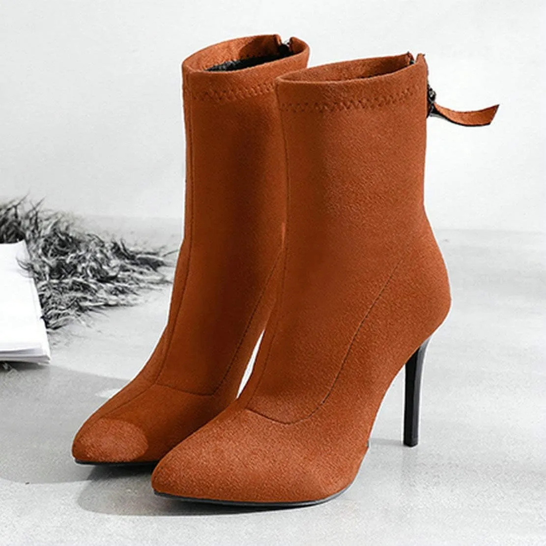 MAVMAX Women's Suede Pointed Toe Booties Stilettos High Heels Ankle Boots