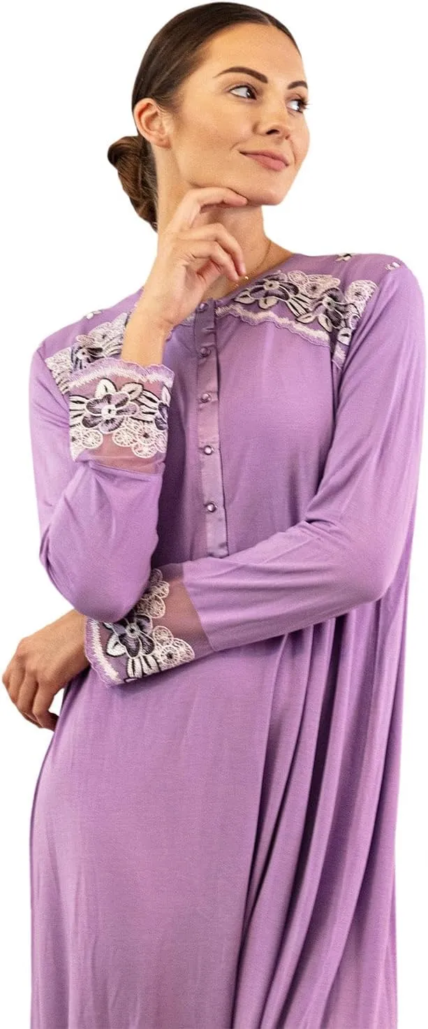 MeMoi Women's Modest Lace Cuff and Shoulder Accent Ankle Length Nightgown