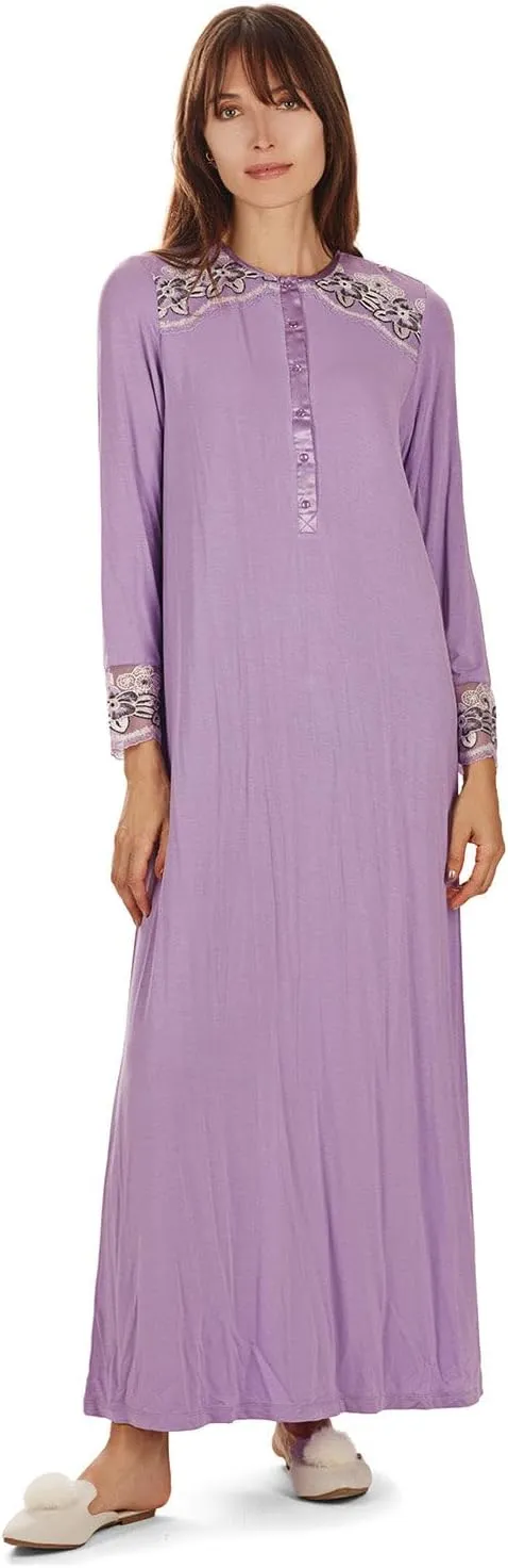 MeMoi Women's Modest Lace Cuff and Shoulder Accent Ankle Length Nightgown