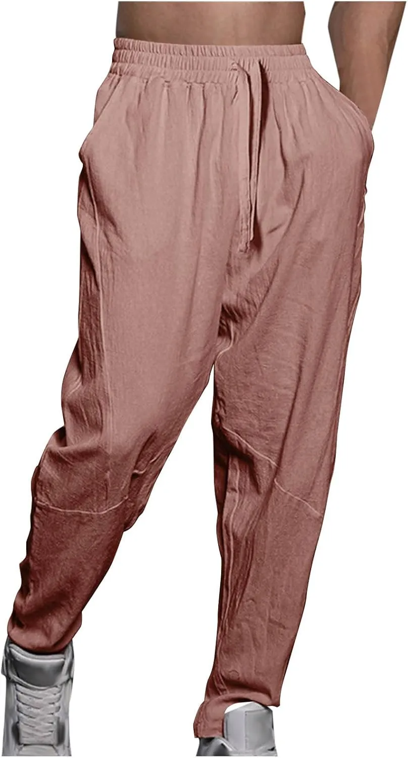 Mens Casual Pants Elastic Waist Drawstring Summer Basic Linen Trousers Casual Trendy Breathable Workout Outfits 2047
