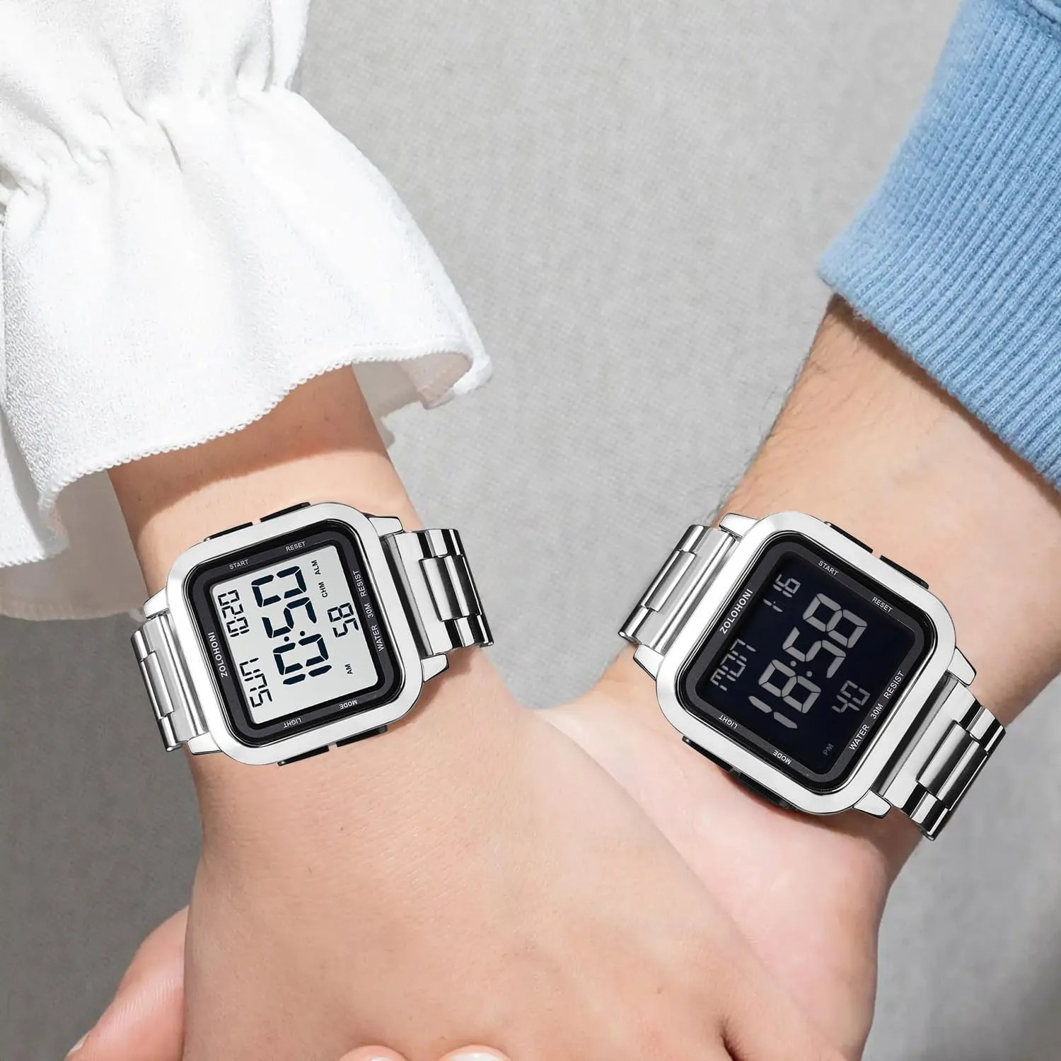Mens Digital Watch for Men, Stainless Steel Square Watches, Mens Wrist Watches Waterproof Large Face Dual Time Date Watch