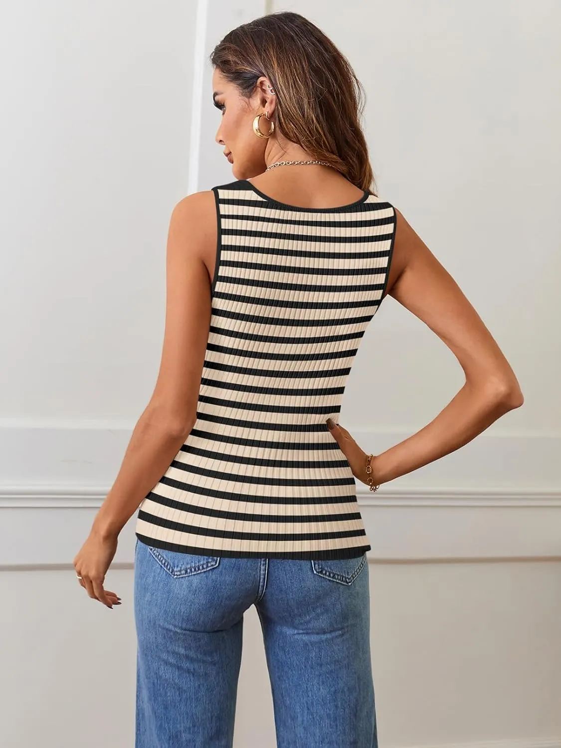 MEROKEETY Women's 2025 Sleeveless Ribbed Knit Tank Tops Summer Striped Square Neck Casual Basic Shirts Tanks