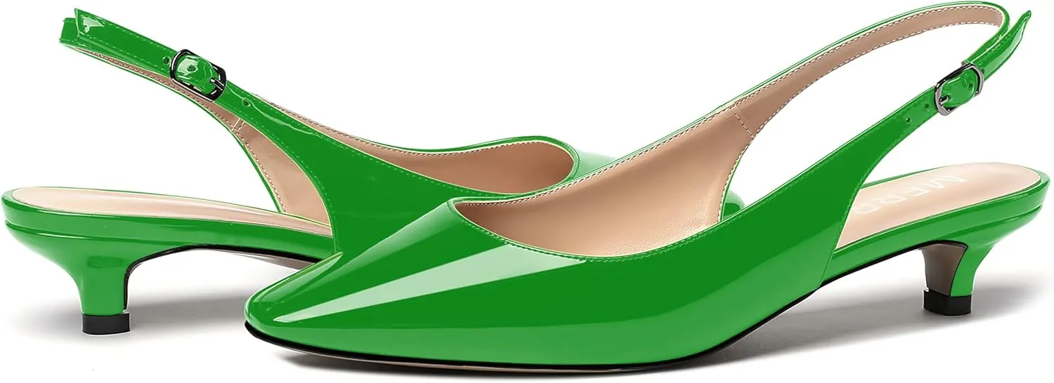 MERRORI Women's Slingback Buckle Patent Square Toe Kitten Low Heel Pumps Business Work Dress Shoes 1.5 Inch