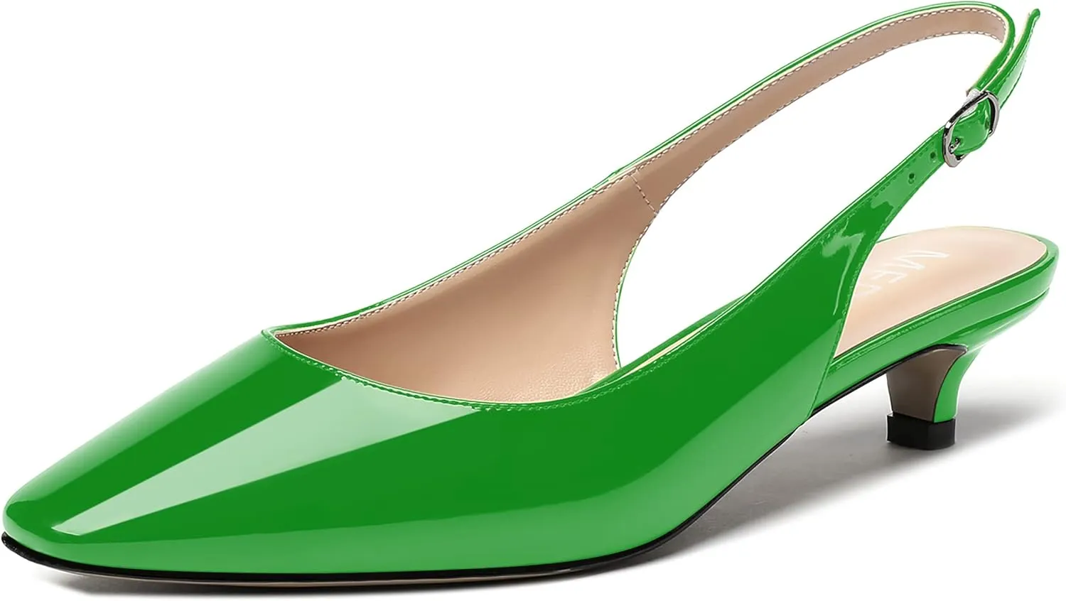 MERRORI Women's Slingback Buckle Patent Square Toe Kitten Low Heel Pumps Business Work Dress Shoes 1.5 Inch