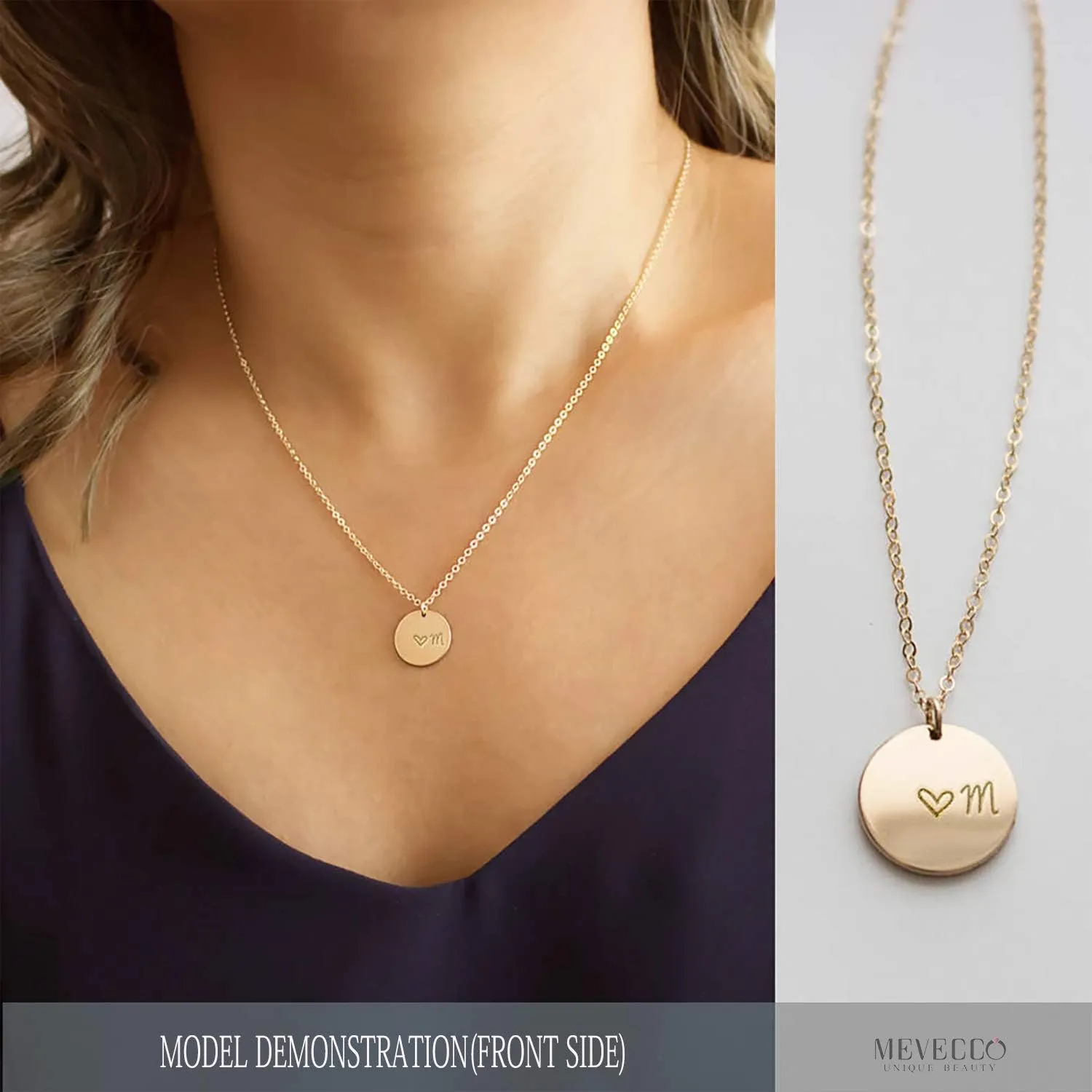 MEVECCO Gold Initial Pendant Necklaces,14K Gold Plated Engraved Disc Personalized Name Dainty Handmade Cute Heart Initial Tiny Pendant Necklaces Jewelry Gift for Women
