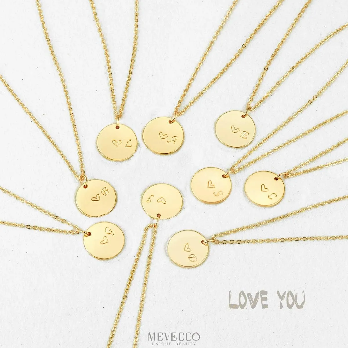 MEVECCO Gold Initial Pendant Necklaces,14K Gold Plated Engraved Disc Personalized Name Dainty Handmade Cute Heart Initial Tiny Pendant Necklaces Jewelry Gift for Women