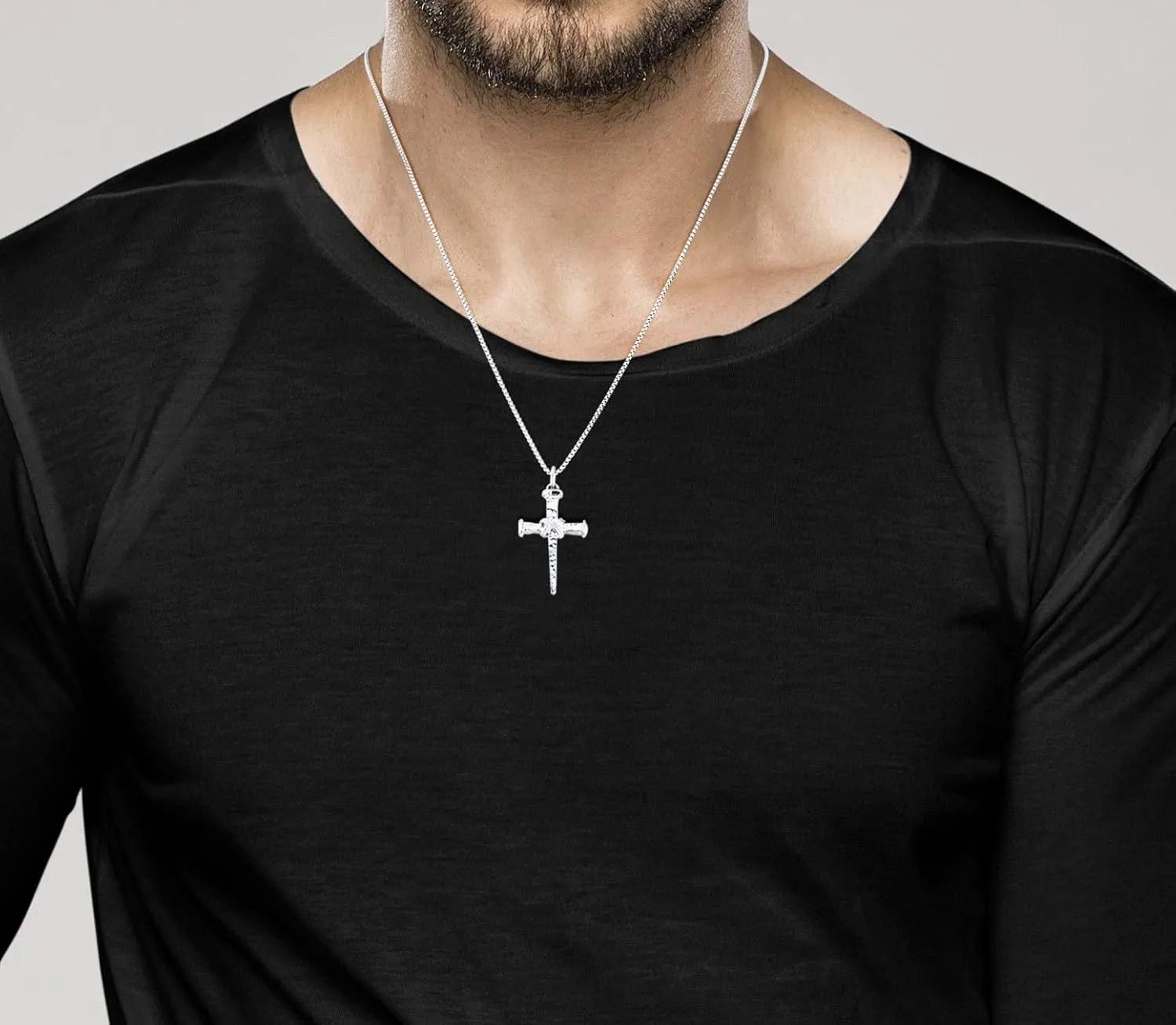 Miabella Italian Rope Wrap Nail Cross Pendant Necklace Box Chain, Rhodium or 18K Yellow Gold Over 925 Sterling Silver Made in Italy