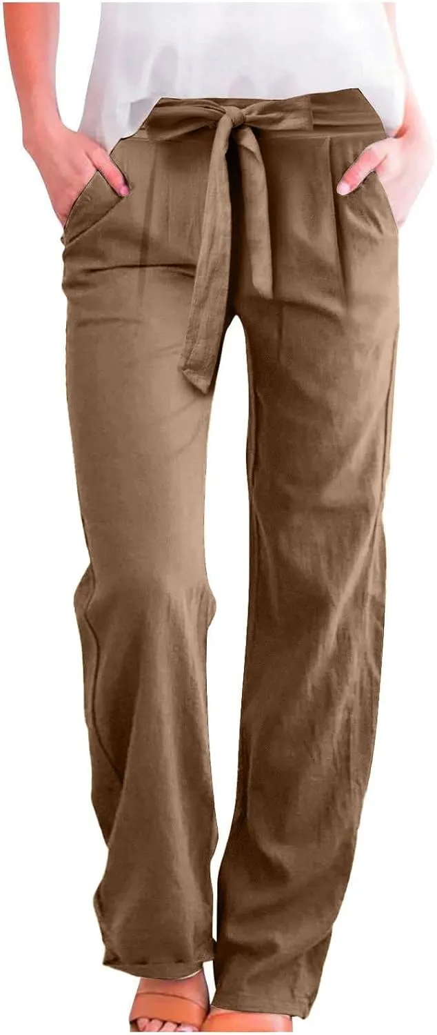 midelxp Straight Leg Linen Pants Women Summer Lightweight Drawstring High Waist Plus Size Pants Loose Comfy Boho Beach Pants