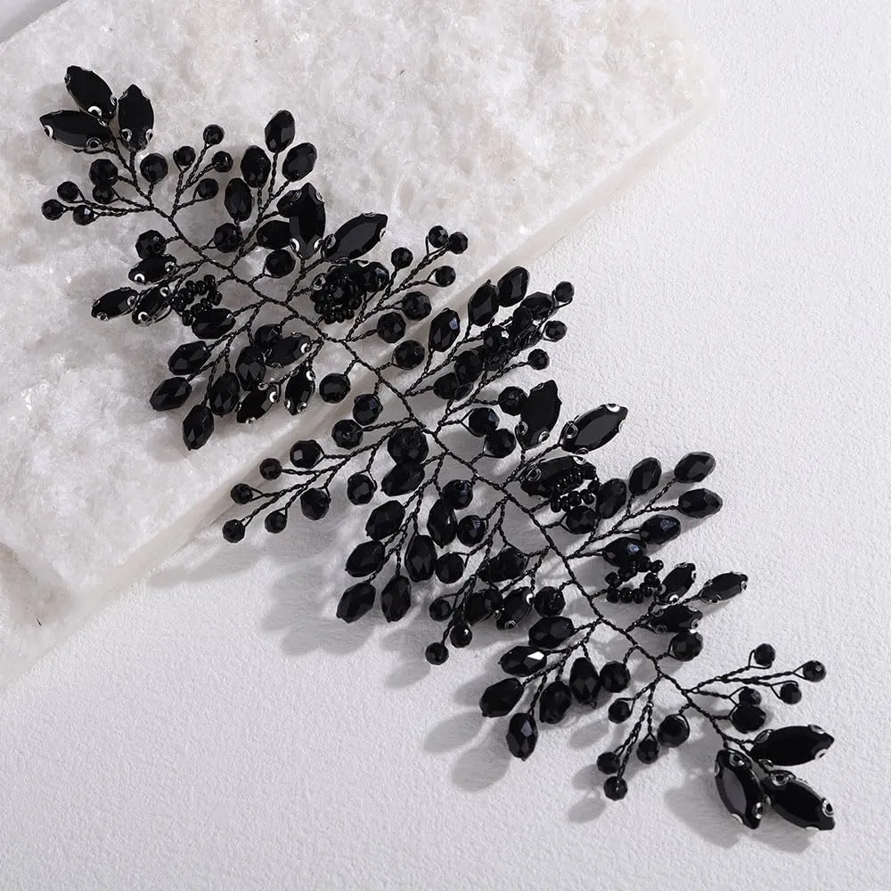 Missgrace Women Red Green Black Handmade Crystal Rhinestone Headband Shinny Headpiece Bridal Wedding Hair Accessories for Women (Black, 8.3inches)