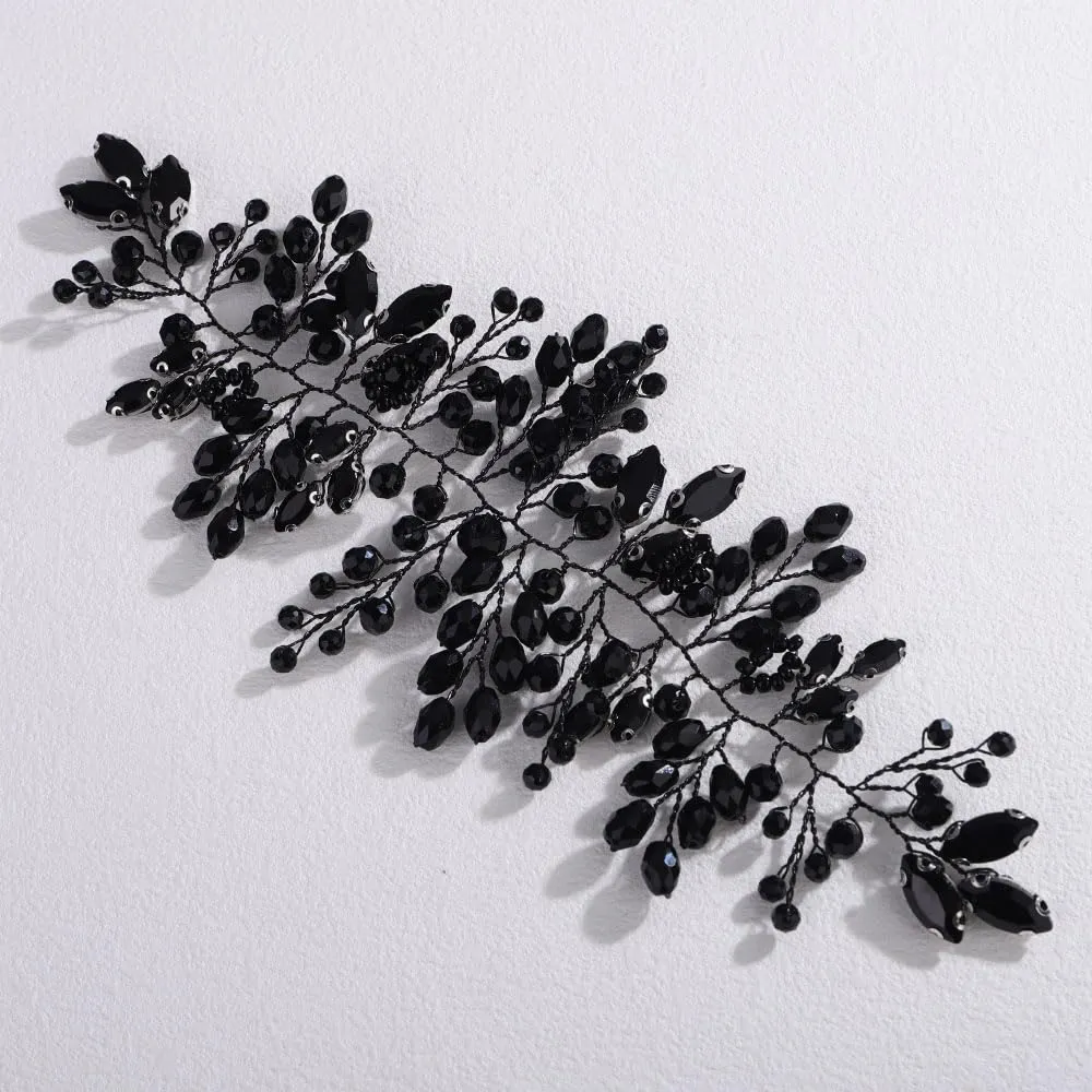 Missgrace Women Red Green Black Handmade Crystal Rhinestone Headband Shinny Headpiece Bridal Wedding Hair Accessories for Women (Black, 8.3inches)