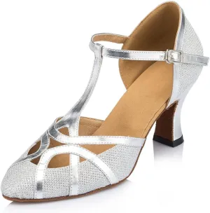 Misu Women's Closed Toe Suede Sole Latin Salsa Tango Practice Ballroom Dance Shoes with 2.3" Heel,White Satin,5.5 B(M) US