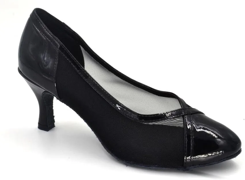 Misu Women's Closed Toe Suede Sole Latin Salsa Tango Practice Ballroom Dance Shoes with 2.75" Heel,Black Patent Leather and Mesh,6.5 B(M) US