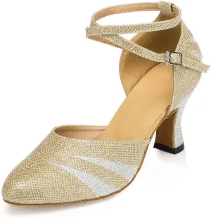 Misu Women's Closed Toe Suede Sole Latin Salsa Tango Practice Ballroom Dance Shoes with 2.7" Heel,Gold Glitter,9.5 B(M) US