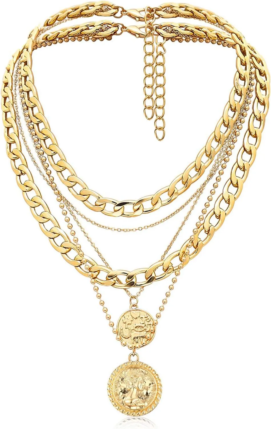 MJartoria Gold Layered Necklaces for Women Trendy Retro Coin Pendant Necklace Dainty Chunky Chain Choker Necklaces for Jewelry Birthday Gifts