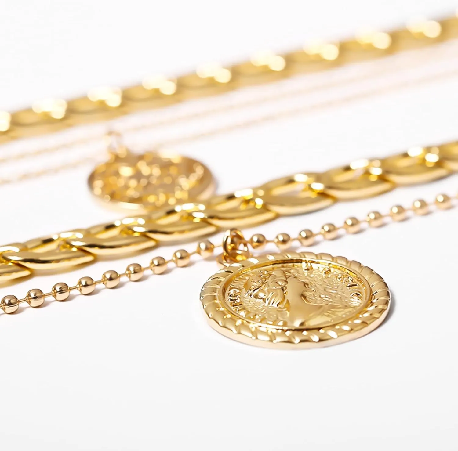 MJartoria Gold Layered Necklaces for Women Trendy Retro Coin Pendant Necklace Dainty Chunky Chain Choker Necklaces for Jewelry Birthday Gifts