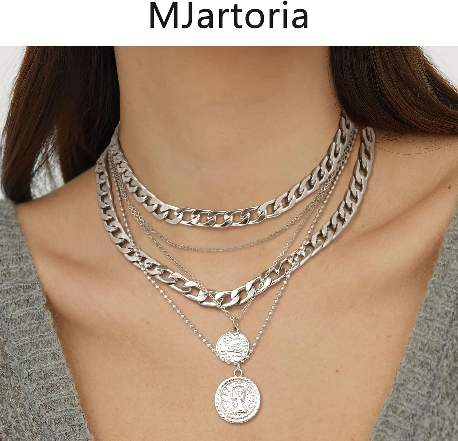 MJartoria Gold Layered Necklaces for Women Trendy Retro Coin Pendant Necklace Dainty Chunky Chain Choker Necklaces for Jewelry Birthday Gifts