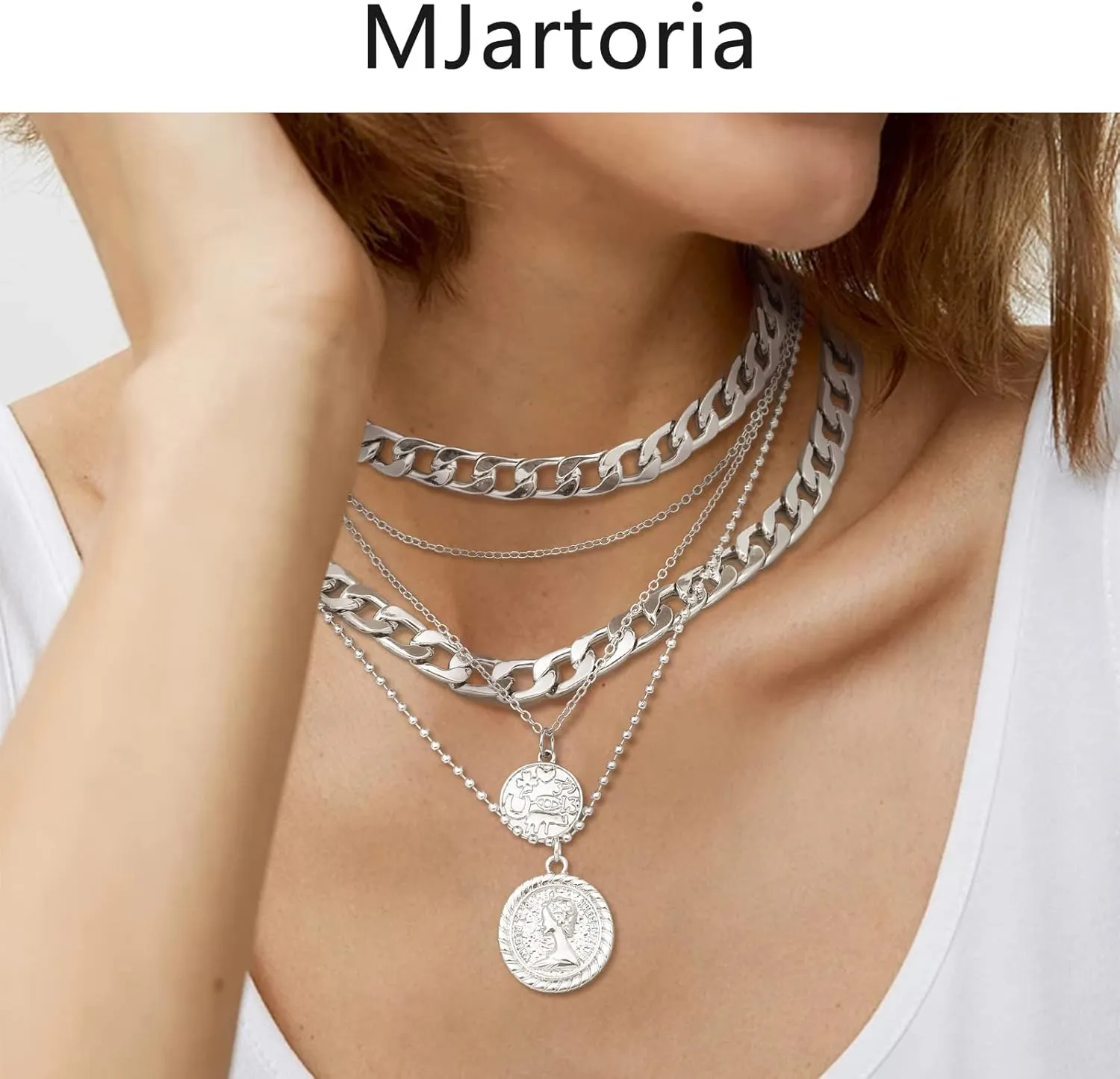 MJartoria Gold Layered Necklaces for Women Trendy Retro Coin Pendant Necklace Dainty Chunky Chain Choker Necklaces for Jewelry Birthday Gifts
