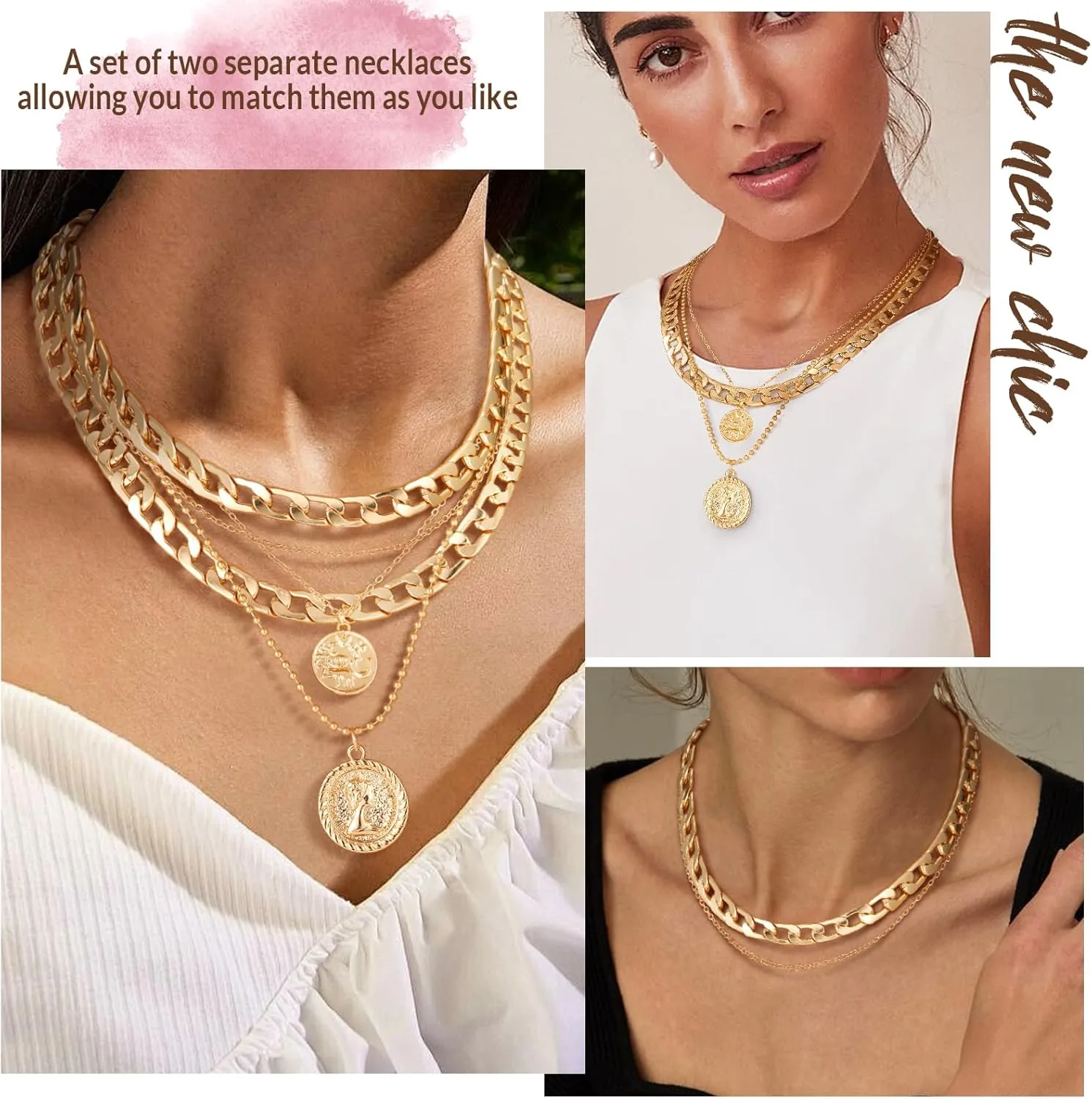 MJartoria Gold Layered Necklaces for Women Trendy Retro Coin Pendant Necklace Dainty Chunky Chain Choker Necklaces for Jewelry Birthday Gifts