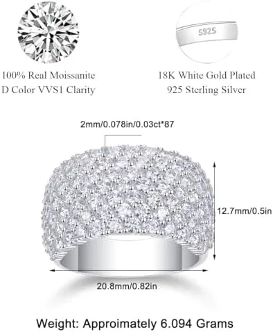 Moissanite Rings, D Color Lab Created Diamond Half Eternity Engagement Rings for Women, 18K Sterling Silver White Gold Promise Multi Stone Wedding Band Size 5-9